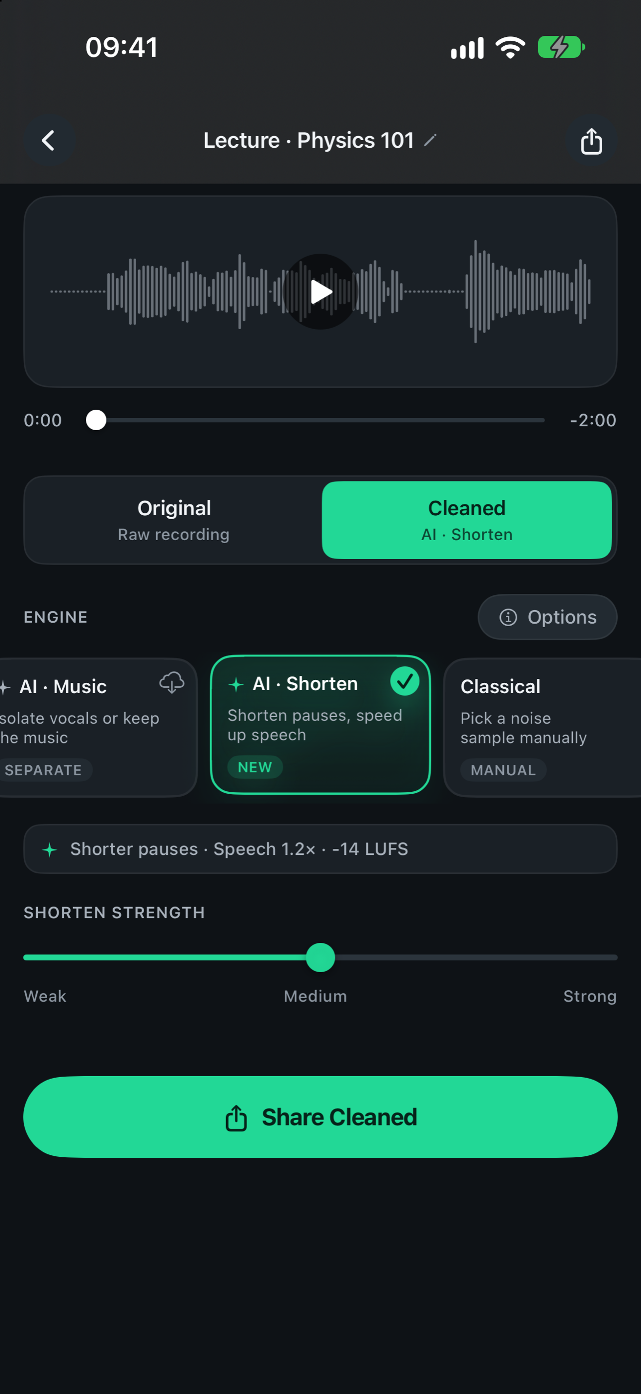 Denoise 编辑器中的 AI · Shorten 滤镜及其强度滑块