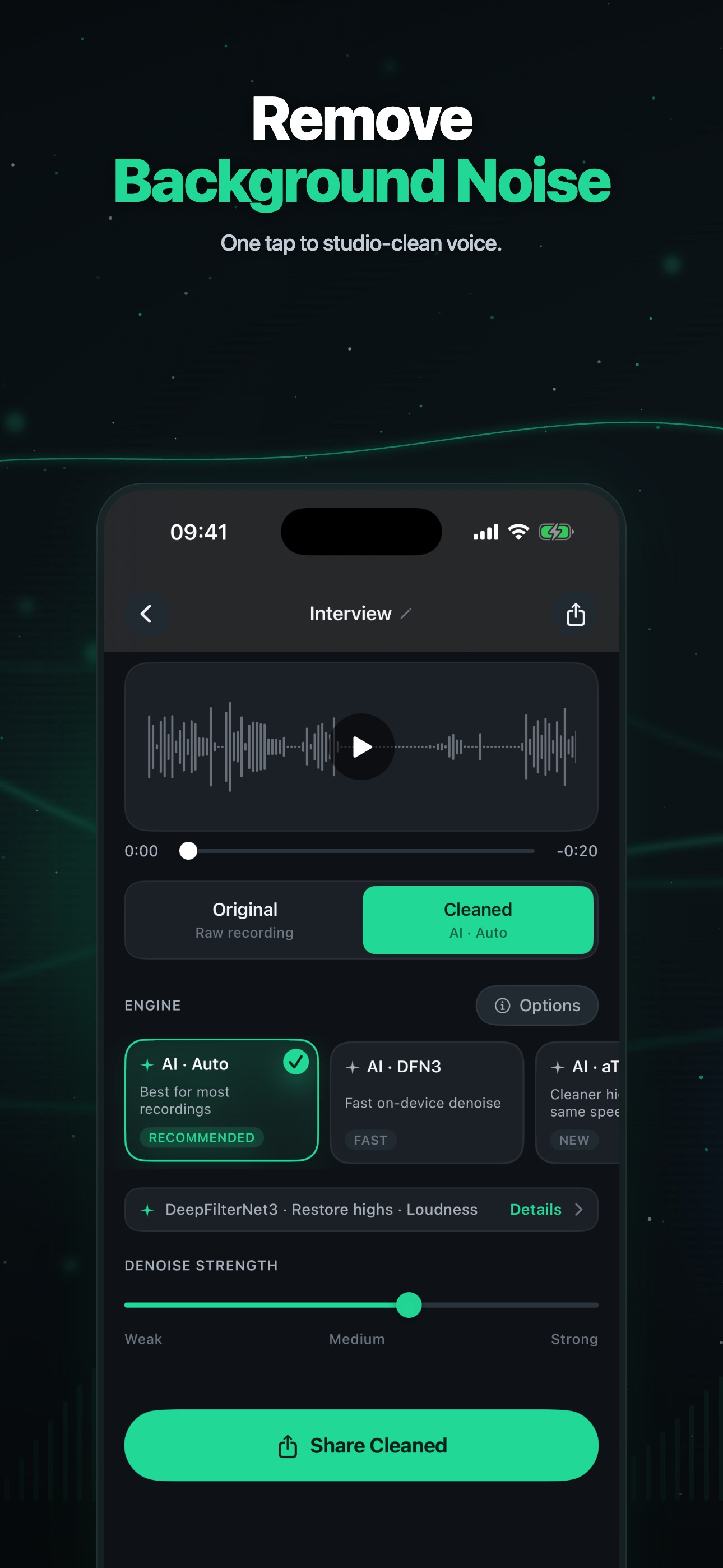 The Denoise editor with its AI engines, AI · Auto selected