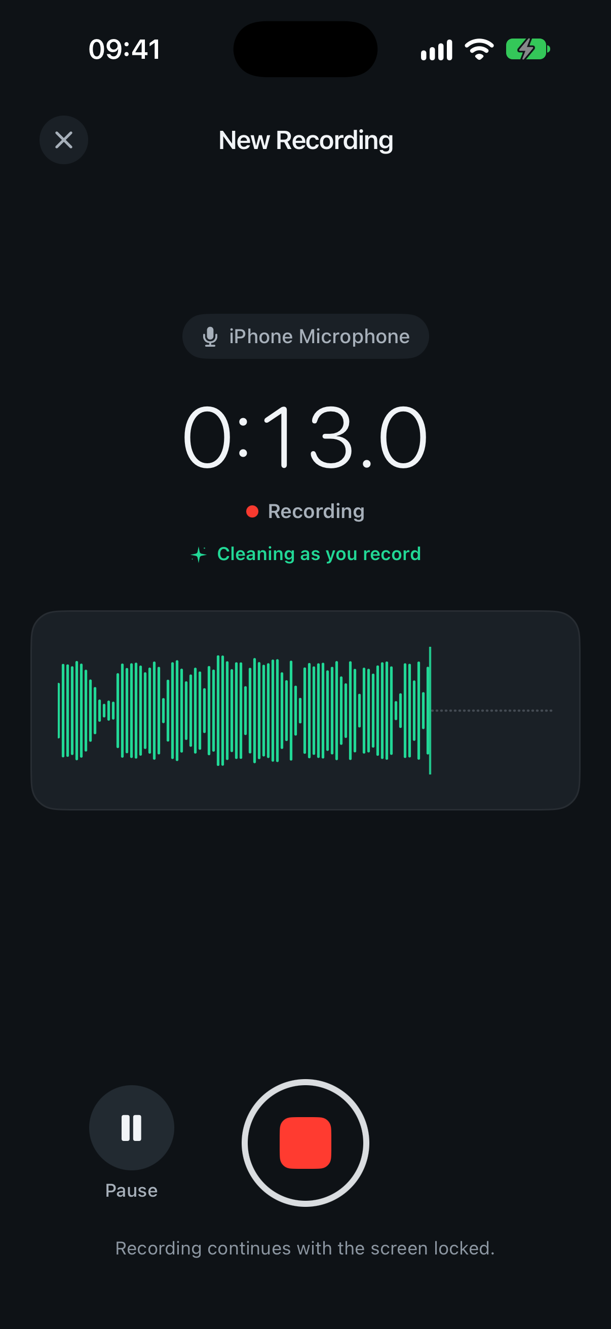 Denoise recorder removing background noise while it records, with Pause and Stop buttons