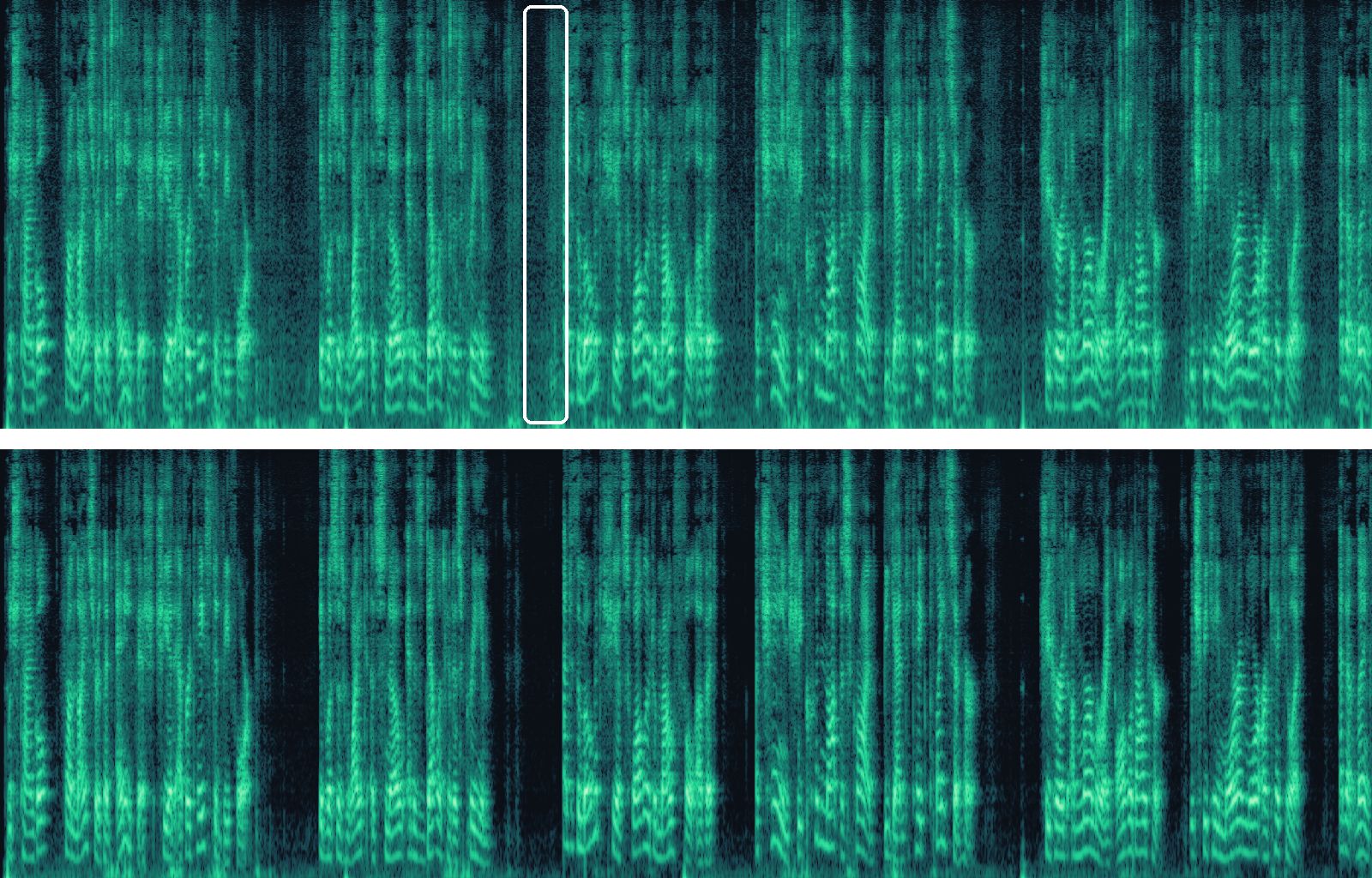 同じ録音の周波数の時間変化を示した2枚の図。上は、ファンの音に重なった声で、言葉の切れ目の無音部分に印が付いています。下は、AIでノイズを除去した後の同じクリップで、もやが消え、声は残っています。